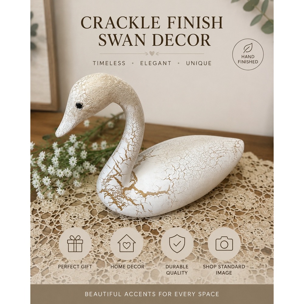 Vintage Swan Figurine Signed Carved Folk Art Crackle Finish Cottage Decor 8"